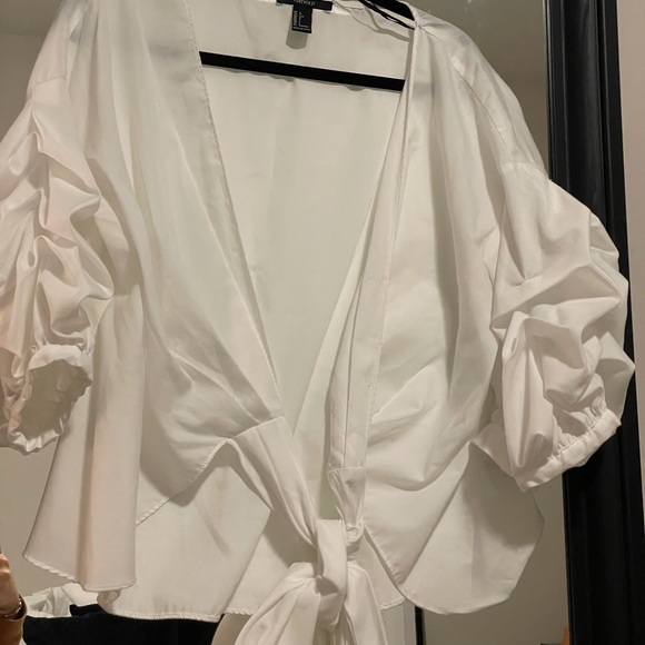 WORN ONCE White Rushed Lantern Sleeve Wrap Blouse - Picture 7 of 11